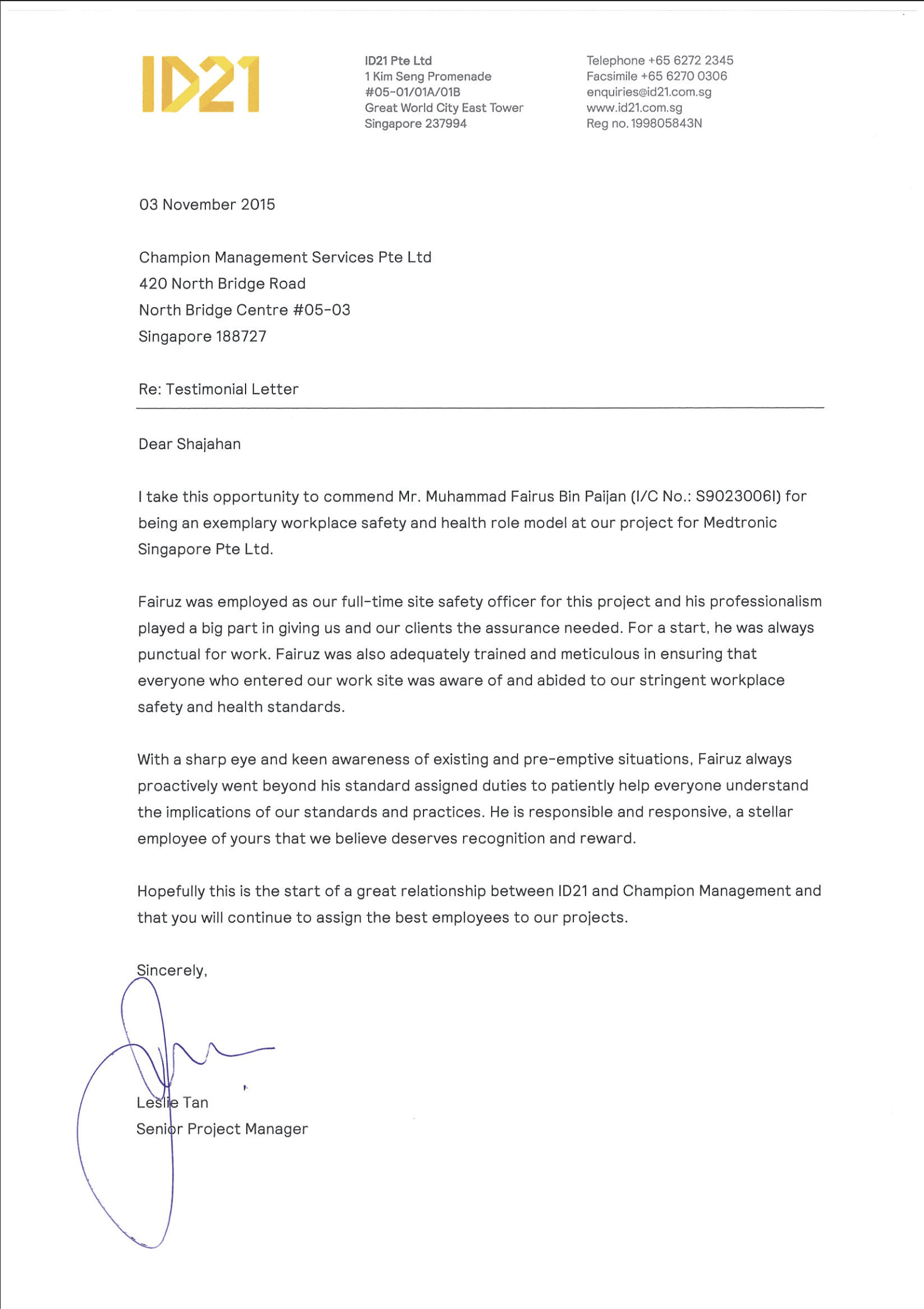 Letter of commendation, ID21 / Recognition