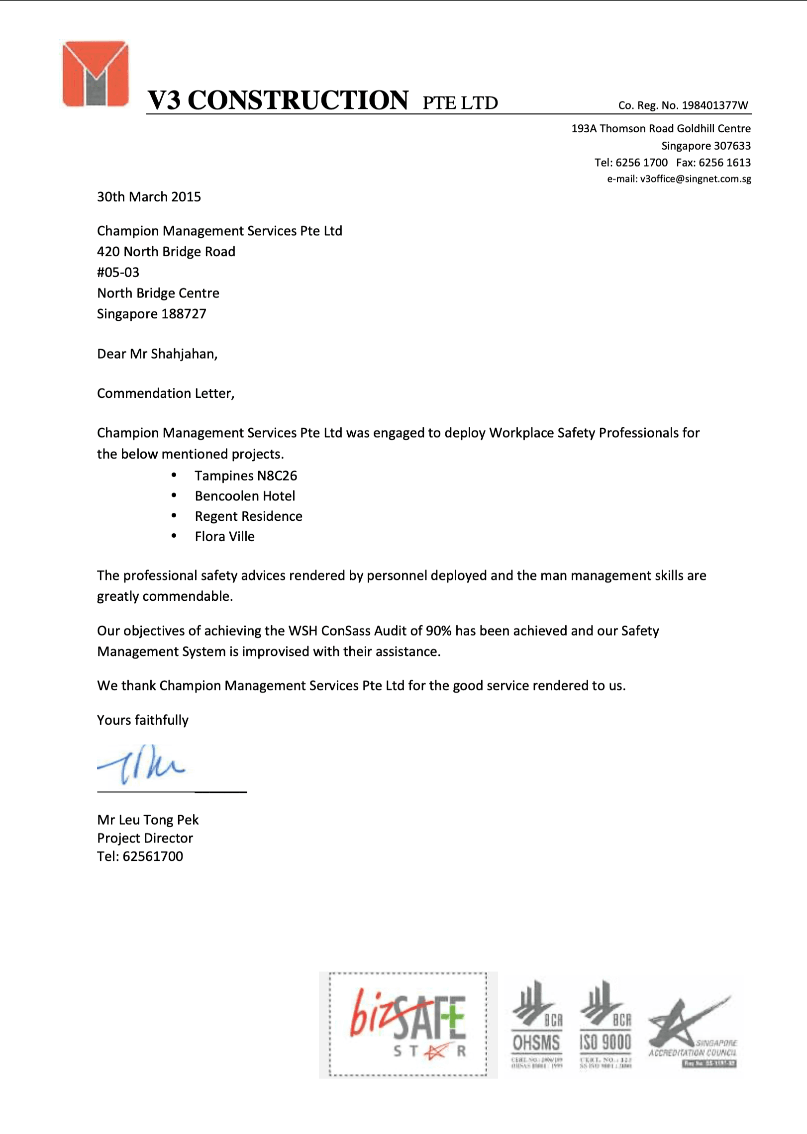 Commendation letter, V3 Construction